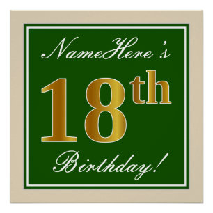 Elegant, Green, Faux Gold 18th Birthday + Name Poster