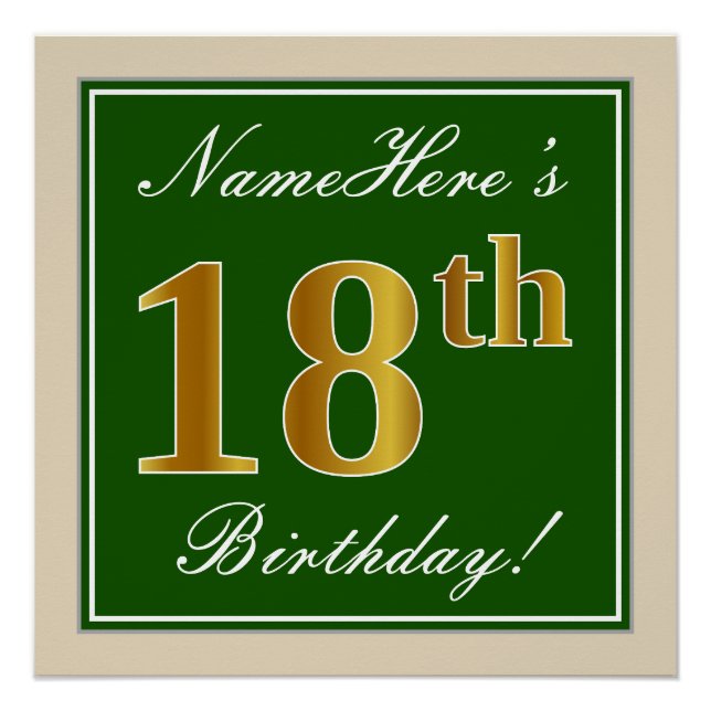 Elegant, Green, Faux Gold 18th Birthday + Name Poster (Front)