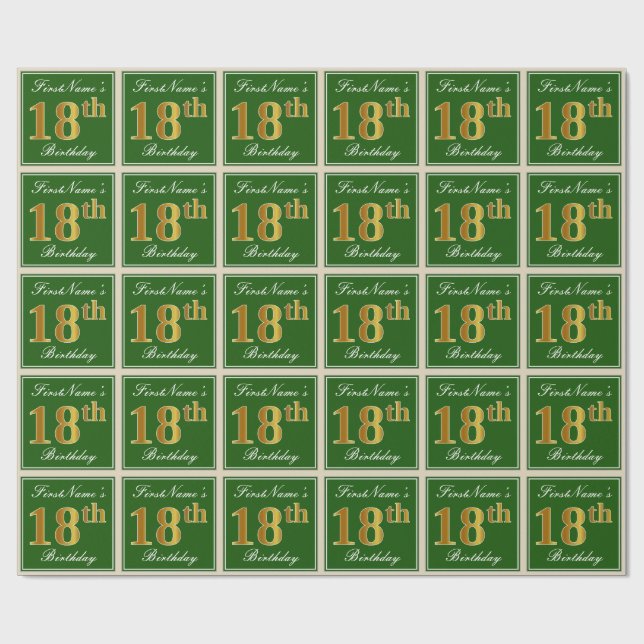 Elegant, Green, Faux Gold 18th Birthday + Name Wrapping Paper (Flat)