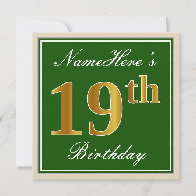 Elegant, Green, Faux Gold 19th Birthday + Name Invitation (Front)