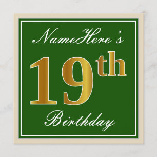 Elegant, Green, Faux Gold 19th Birthday + Name Invitation