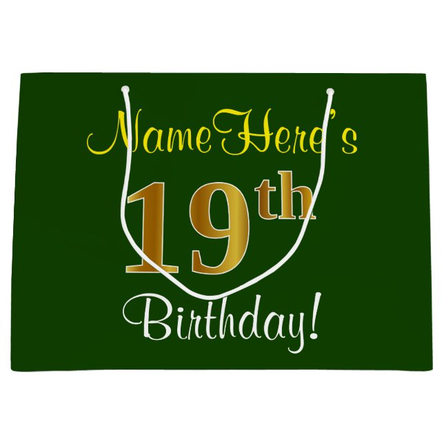 Elegant, Green, Faux Gold 19th Birthday + Name Large Gift Bag (Front)