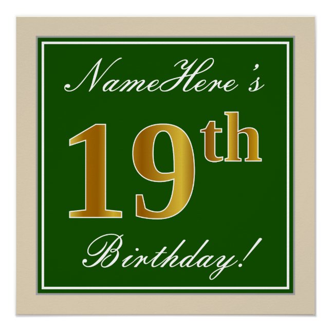 Elegant, Green, Faux Gold 19th Birthday + Name Poster (Front)