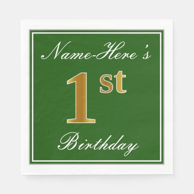 Elegant Green, Faux Gold 1st Birthday; Custom Name Napkin (Front)
