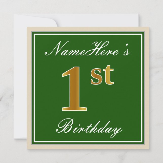 Elegant, Green, Faux Gold 1st Birthday + Name Invitation (Front)