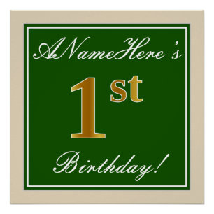 Elegant, Green, Faux Gold 1st Birthday + Name Poster