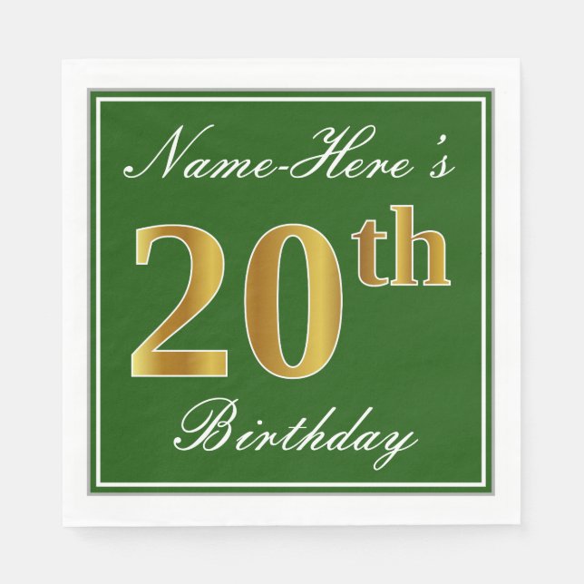 Elegant Green, Faux Gold 20th Birthday + Name Napkin (Front)