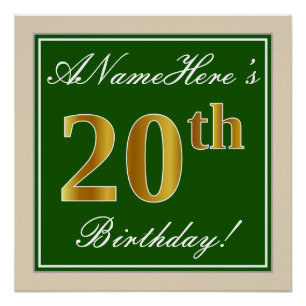 Elegant, Green, Faux Gold 20th Birthday + Name Poster