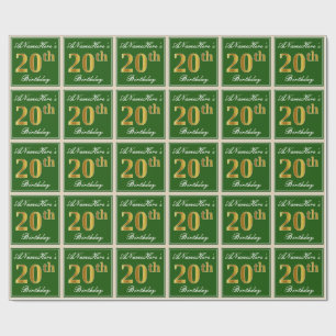 Elegant, Green, Faux Gold 20th Birthday + Name Wrapping Paper