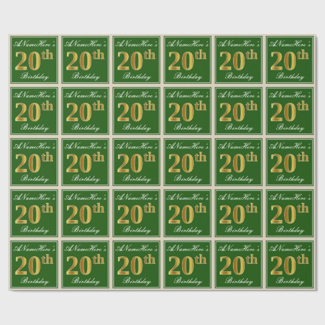 Elegant, Green, Faux Gold 20th Birthday + Name Wrapping Paper (Flat)