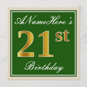 Elegant, Green, Faux Gold 21st Birthday + Name Invitation