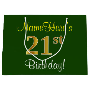 Elegant, Green, Faux Gold 21st Birthday + Name Large Gift Bag
