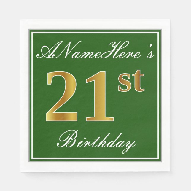 Elegant Green, Faux Gold 21st Birthday + Name Napkin (Front)
