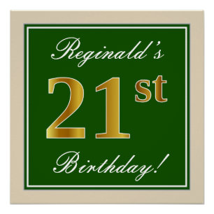 Elegant, Green, Faux Gold 21st Birthday + Name Poster