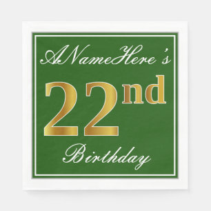 Elegant Green, Faux Gold 22nd Birthday + Name Napkin