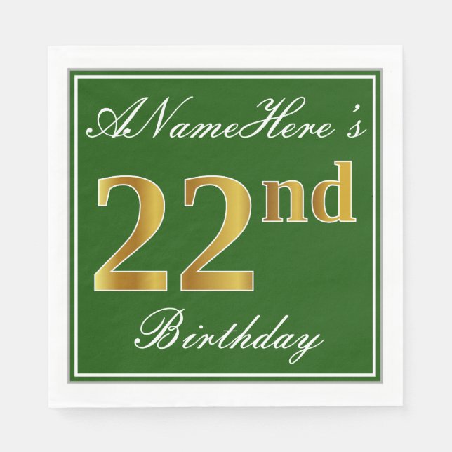 Elegant Green, Faux Gold 22nd Birthday + Name Napkin (Front)
