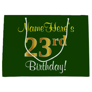 Elegant, Green, Faux Gold 23rd Birthday + Name Large Gift Bag