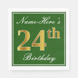 Elegant Green, Faux Gold 24th Birthday + Name Napkin