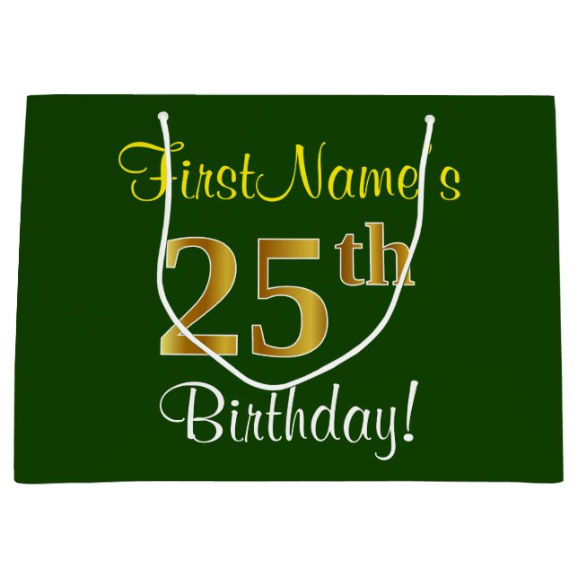 Elegant, Green, Faux Gold 25th Birthday + Name Large Gift Bag (Front)