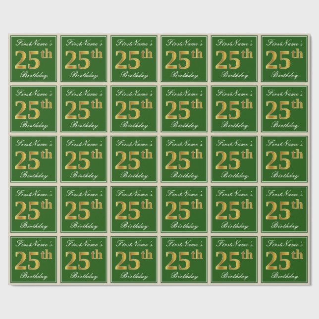 Elegant, Green, Faux Gold 25th Birthday + Name Wrapping Paper (Flat)