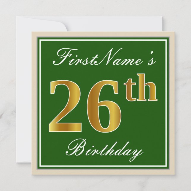Elegant, Green, Faux Gold 26th Birthday + Name Invitation (Front)