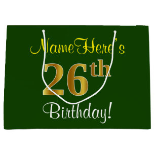 Elegant, Green, Faux Gold 26th Birthday + Name Large Gift Bag