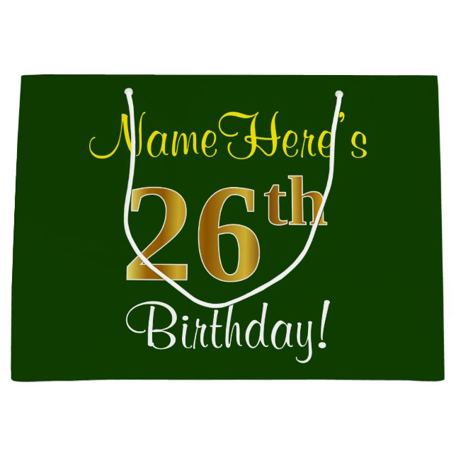 Elegant, Green, Faux Gold 26th Birthday + Name Large Gift Bag (Front)