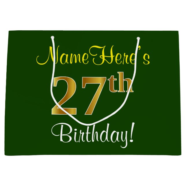 Elegant, Green, Faux Gold 27th Birthday + Name Large Gift Bag (Front)