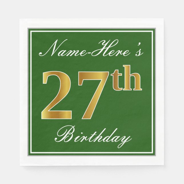 Elegant Green, Faux Gold 27th Birthday + Name Napkin (Front)