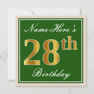 Elegant, Green, Faux Gold 28th Birthday + Name Invitation