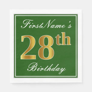 Elegant Green, Faux Gold 28th Birthday + Name Napkin
