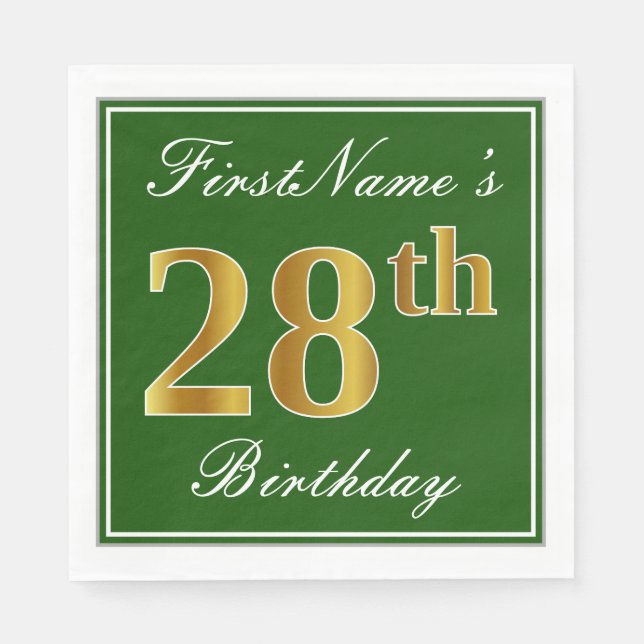 Elegant Green, Faux Gold 28th Birthday + Name Napkin (Front)