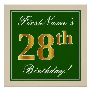 Elegant, Green, Faux Gold 28th Birthday + Name Poster