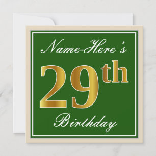 Elegant, Green, Faux Gold 29th Birthday + Name Invitation