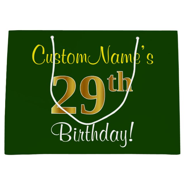 Elegant, Green, Faux Gold 29th Birthday + Name Large Gift Bag (Front)