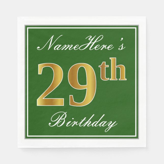 Elegant Green, Faux Gold 29th Birthday + Name Napkin (Front)