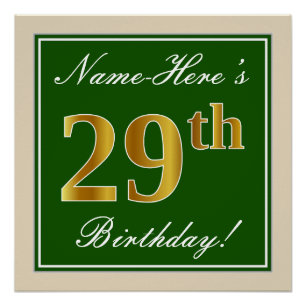 Elegant, Green, Faux Gold 29th Birthday + Name Poster