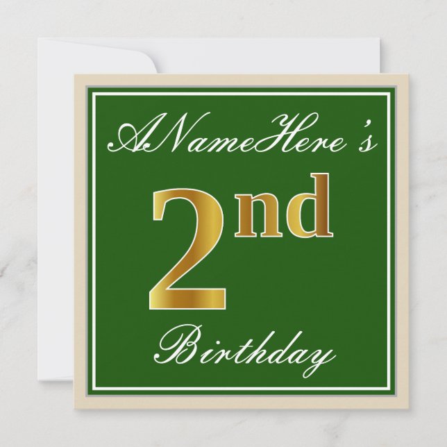 Elegant, Green, Faux Gold 2nd Birthday + Name Invitation (Front)