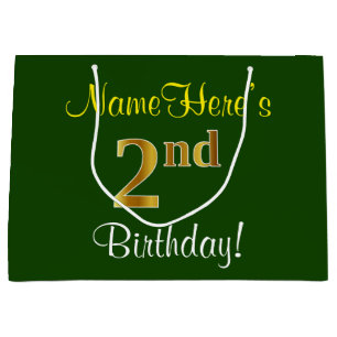 Elegant, Green, Faux Gold 2nd Birthday + Name Large Gift Bag
