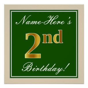 Elegant, Green, Faux Gold 2nd Birthday + Name Poster