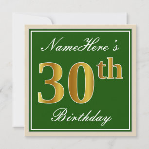 Elegant, Green, Faux Gold 30th Birthday + Name Invitation