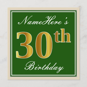 Elegant, Green, Faux Gold 30th Birthday + Name Invitation