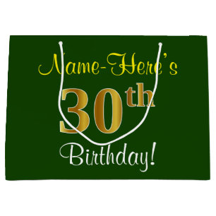 Elegant, Green, Faux Gold 30th Birthday + Name Large Gift Bag
