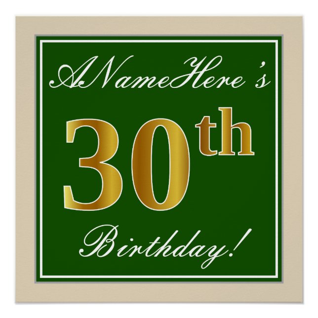 Elegant, Green, Faux Gold 30th Birthday + Name Poster (Front)