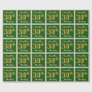 Elegant, Green, Faux Gold 30th Birthday + Name Wrapping Paper