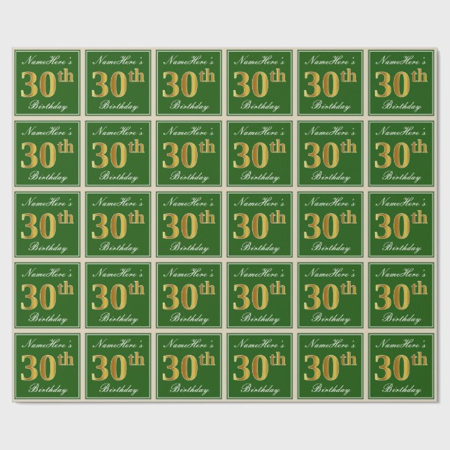 Elegant, Green, Faux Gold 30th Birthday + Name Wrapping Paper (Flat)