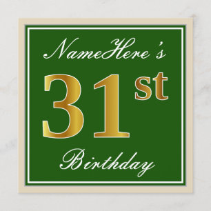 Elegant, Green, Faux Gold 31st Birthday + Name Invitation