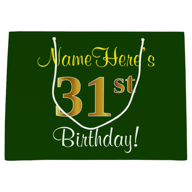 Elegant, Green, Faux Gold 31st Birthday + Name Large Gift Bag (Front)
