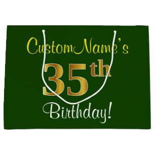 Elegant, Green, Faux Gold 35th Birthday + Name Large Gift Bag