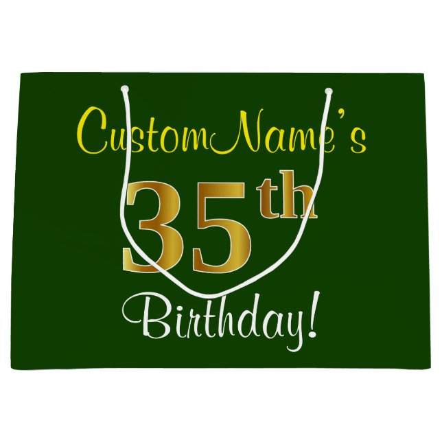 Elegant, Green, Faux Gold 35th Birthday + Name Large Gift Bag (Front)